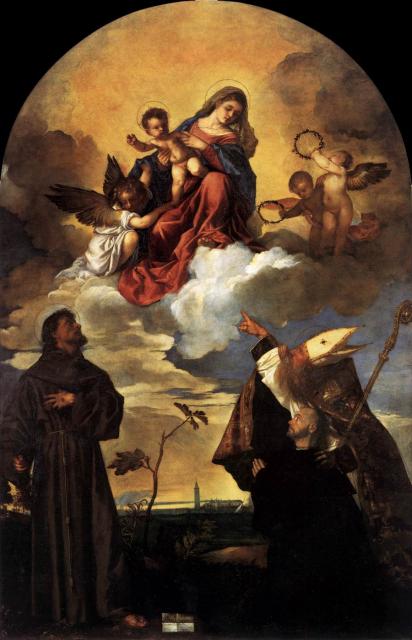 Tiziano: Madonna in Glory with the Christ Child and Sts Francis and Alvise with the Donor